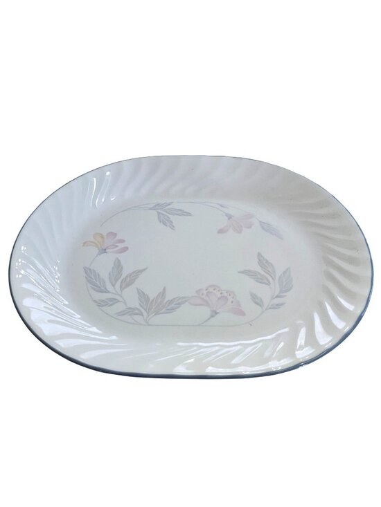 Corelle Other - Corelle Pink Trio Platter 12" white blue band floral oval swirl on border